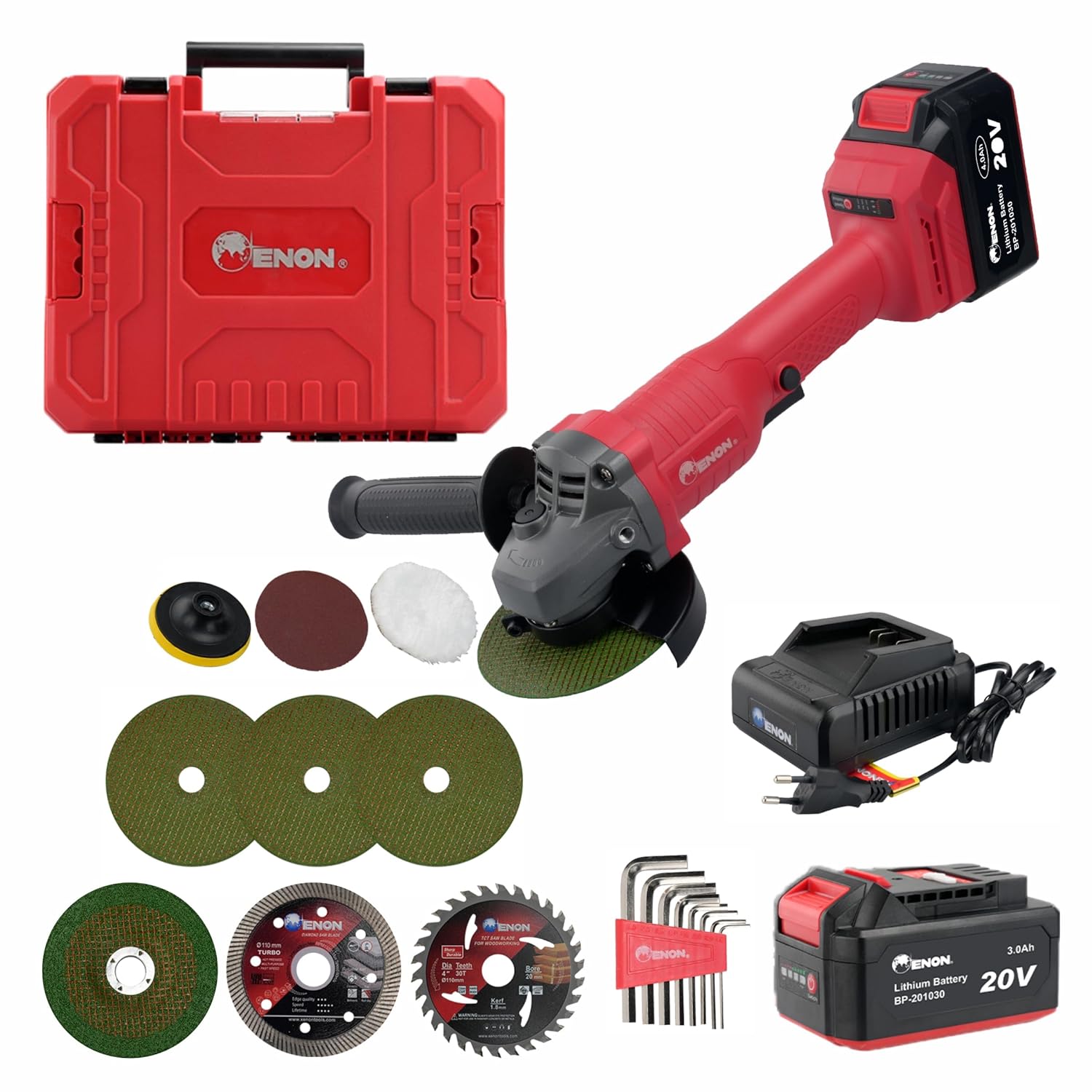 Enon Cordless Angle Grinder 700W | 20V Powerful Brushless Motor | 8800 RPM, 4Ah Battery & Charger | Grinding, Metal, Wood, Marble Cutting | Variable Speed Angle Grinder | 21 Pcs Accessories Kit Set Enon Cordless Angle Grinder 700W | 20V Powerful Brushless Motor | 8800 RPM, 4Ah Battery & Charger | Grinding, Metal, Wood, Marble Cutting | Variable Speed Angle Grinder | 21 Pcs Accessories Kit Set